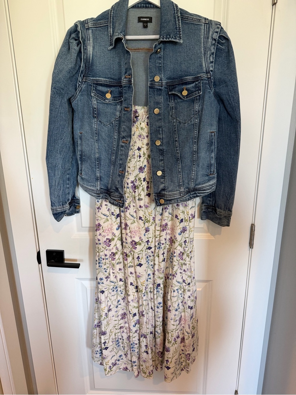 Express Puff Denim Jacket & Floral Smocked Midi Dress Set